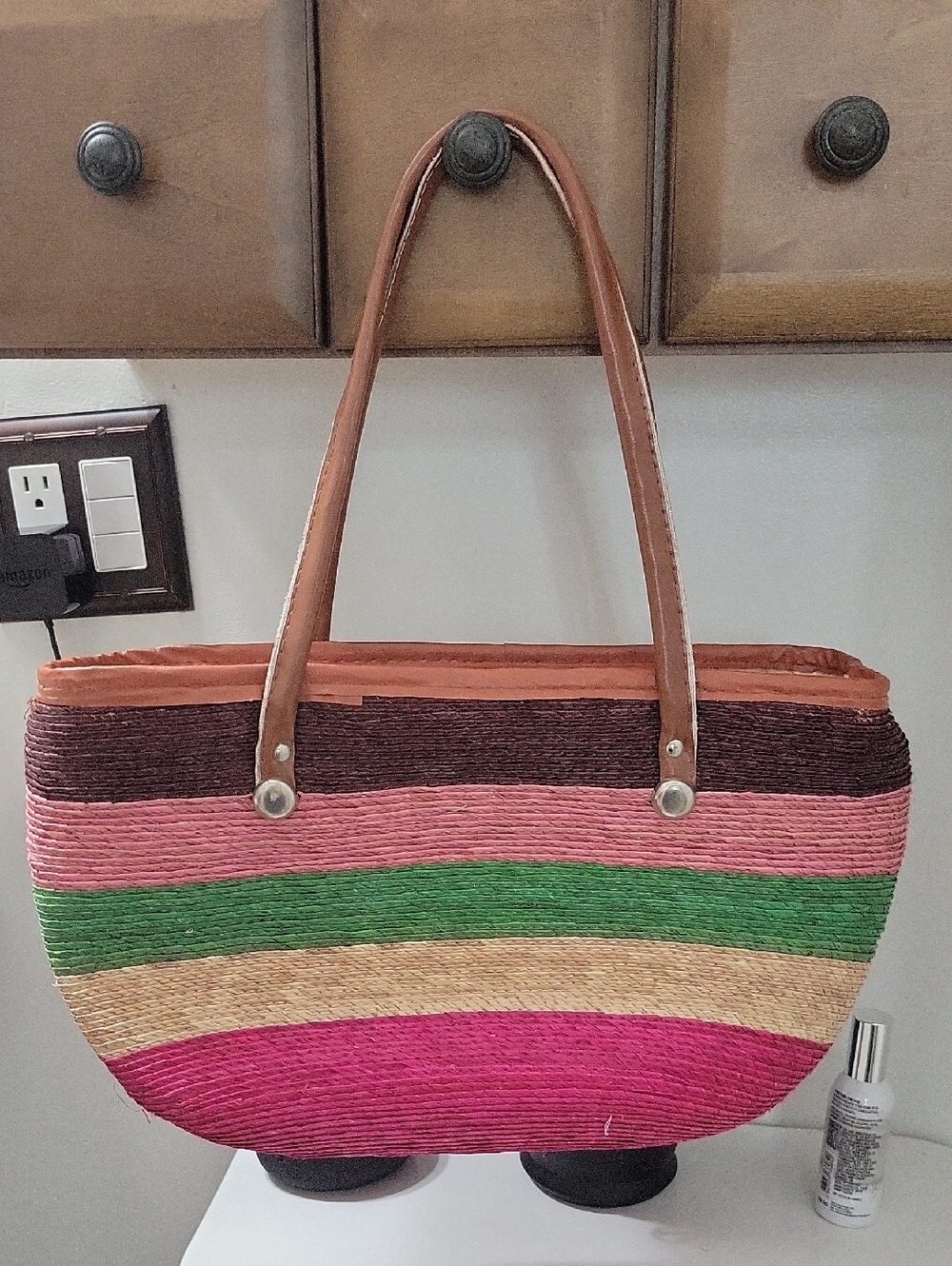 Striped Multicolor Straw Tote Bag with Brown Handles